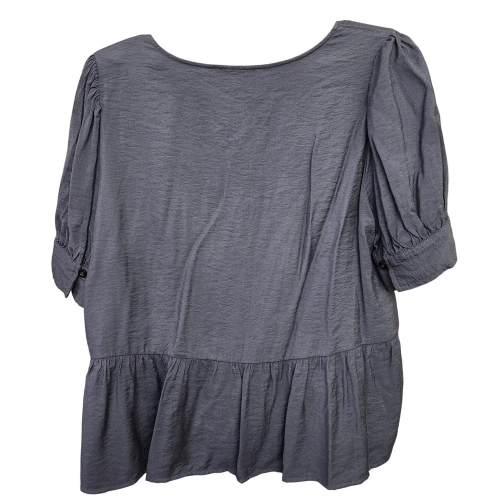 Madewell Women's Blue Button Front Drapeweave puff sleeve XL peplum top Coastal